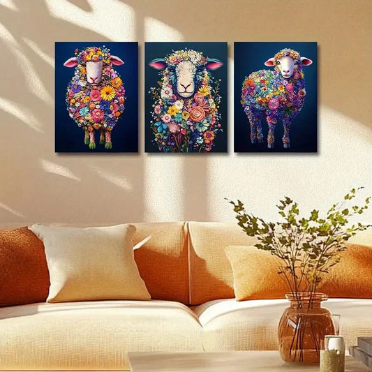 3pcs Colorful Sheep made of flowers Metal Print Ready to Hang Art