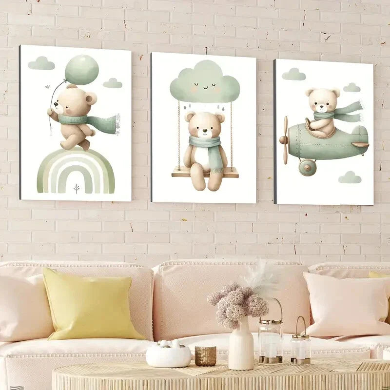 3pcs Modern Wooden Airplane Rainbow Bear Balloon Wall Art Set Canvas Framed 40x60cm - High Quality Print 100% Australian Made Wall Canvas Ready to Hang