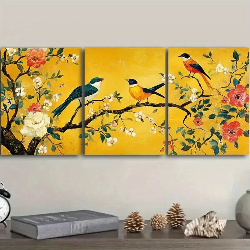 3pcs The Tree of Life Adorned with Birds Flowers Wall Art Set Canvas Framed 40x60cm - High Quality Print 100% Australian Made Wall Canvas Ready to Hang