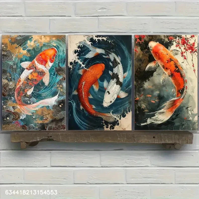 3pcs Vibrant Koi Fish Pond Contemporary Scenes Metal Print Ready to Hang Art