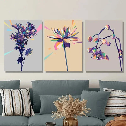 3pcs Flowers in pop art, purple orchids Metal Print Ready to Hang Art