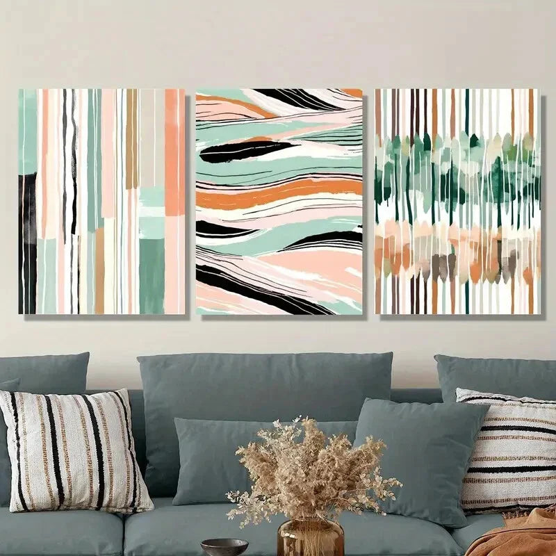 3pcs Colorful Striped Green & Pink Prints Metal Print Ready to Hang Art