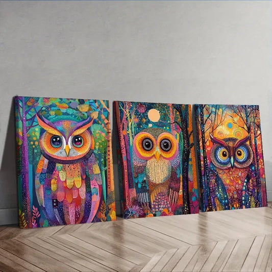3pcs Owl, Psychedelic (7) Wall Art Set Canvas Framed 40x60cm - High Quality Print 100% Australian Made Wall Canvas Ready to Hang
