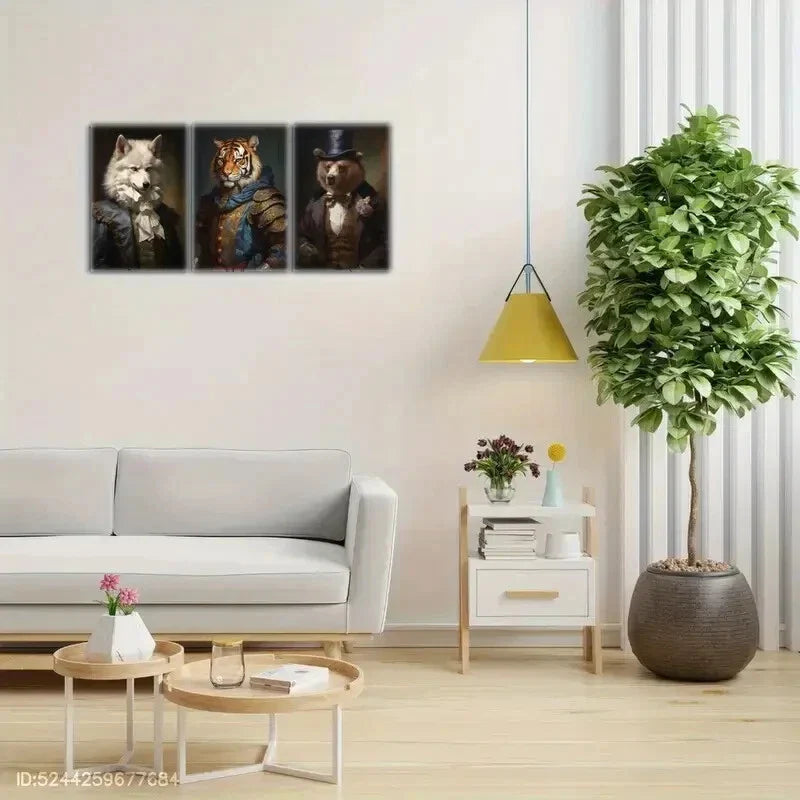 3pcs Victorian Animal Portraits Tiger, Fox & Bear Metal Print Ready to Hang Art