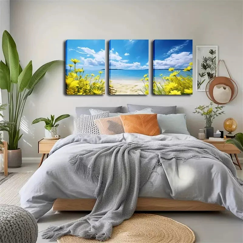 3pcs Yellow Flowers On The Beach Wall Art Set Canvas Framed 40x60cm - High Quality Print 100% Australian Made Wall Canvas Ready to Hang