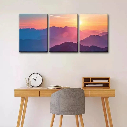 3pcs sunset mountain range, Metal Print Ready to Hang Art