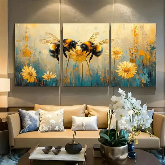 3pcs Vibrant Bumblebee & Dandelion Metal Print Ready to Hang Art