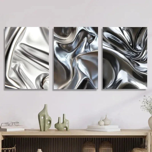3pcs , Silver Glossy Liquid Metal Style Metal Print Ready to Hang Art