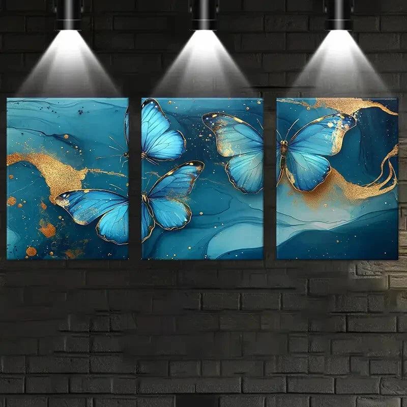 3pcs Abstract Blue & Golden Butterfly Metal Print Ready to Hang Art