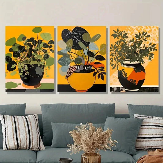 3pcs Green leaves painting, plant pot, Metal Print Ready to Hang Art