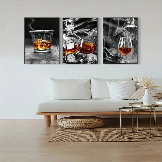 3pcs Vintage Bottle and Glass Theme, Metal Print Ready to Hang Art