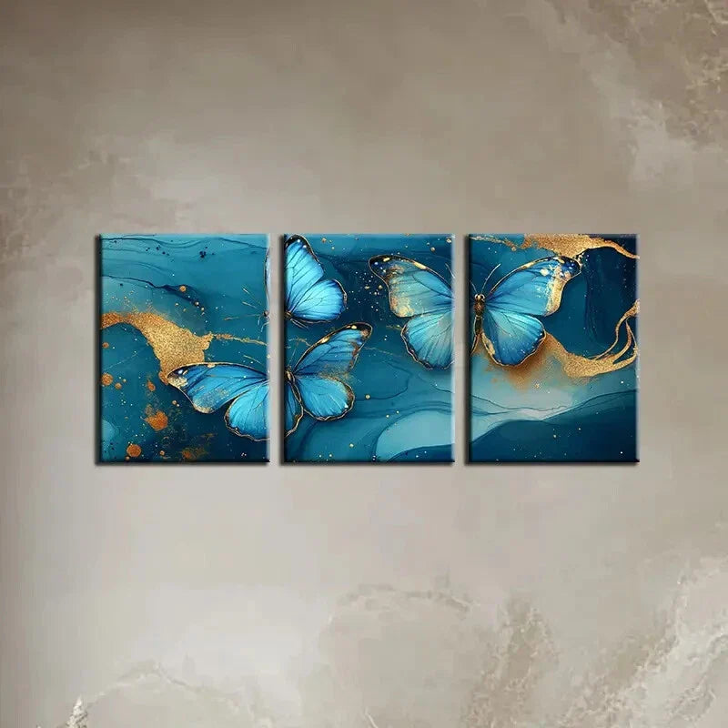 3pcs Abstract Blue & Golden Butterfly Metal Print Ready to Hang Art