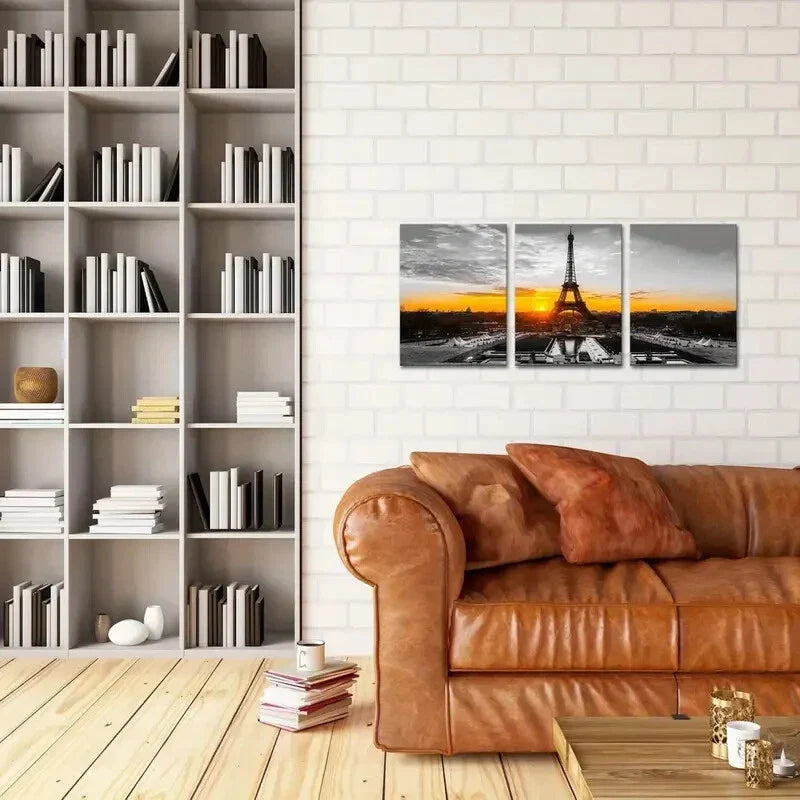 3pcs Black and White Eiffel Tower at Gold Sunrise Metal Print Ready to Hang Art