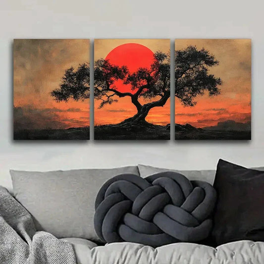 3pcs The Red Sun Tree Art Painting Metal Print Ready to Hang Art