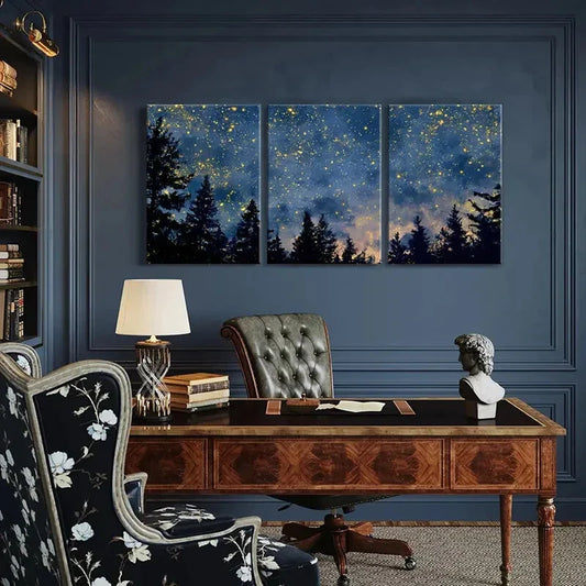 3pcs Forest Night Sky Starry Landscape Pine Trees Metal Print Ready to Hang Art
