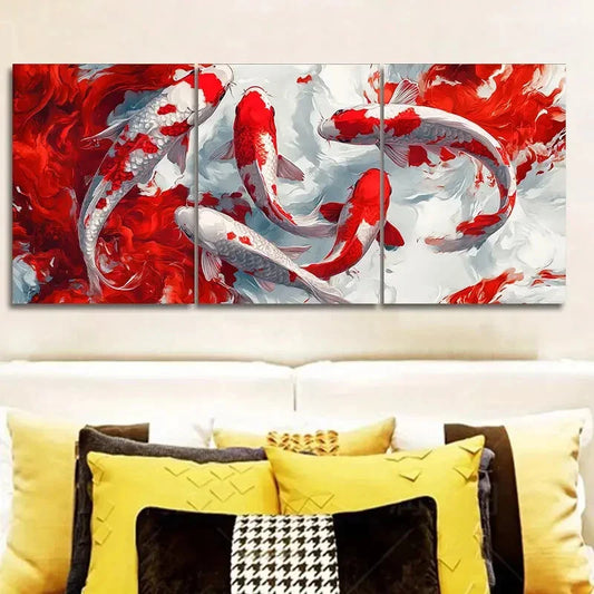 3pcs A group of red and white koi Metal Print Ready to Hang Art
