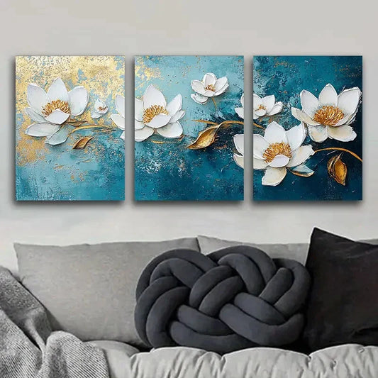 3pcs White Flowers on Blue Background Metal Print Ready to Hang Art