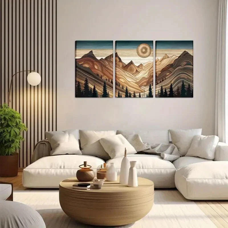 3pcs Abstract Sun Mountain Metal Print Ready to Hang Art