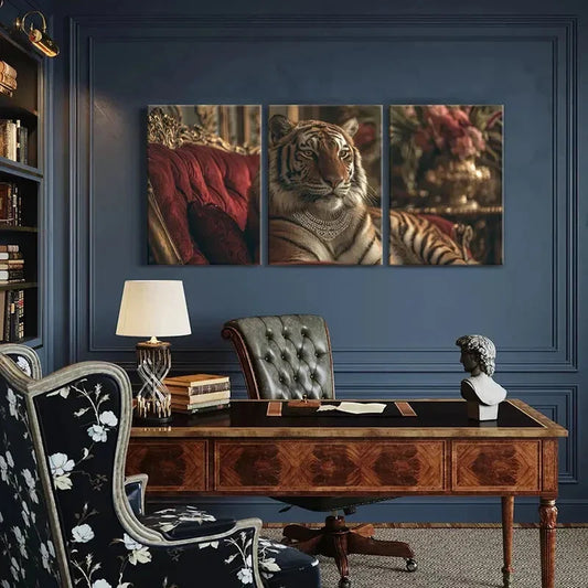3pcs Elegant Tiger Luxury Sofa Ornate Metal Print Ready to Hang Art