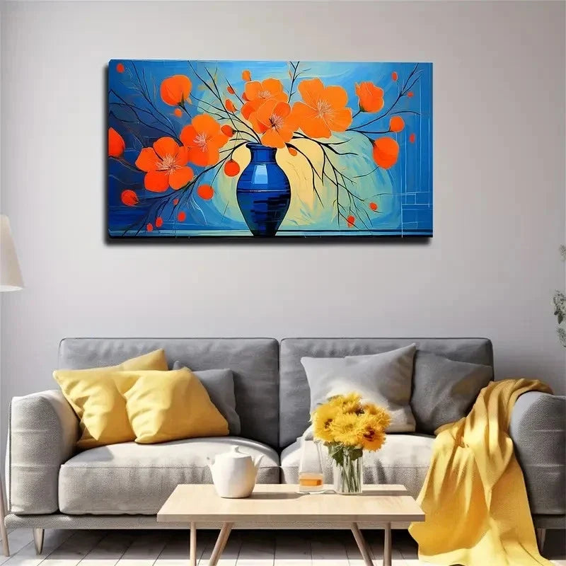 Orange Flowers Blue Vase Wall Art Canvas Office Home Room Framed 80x45cm