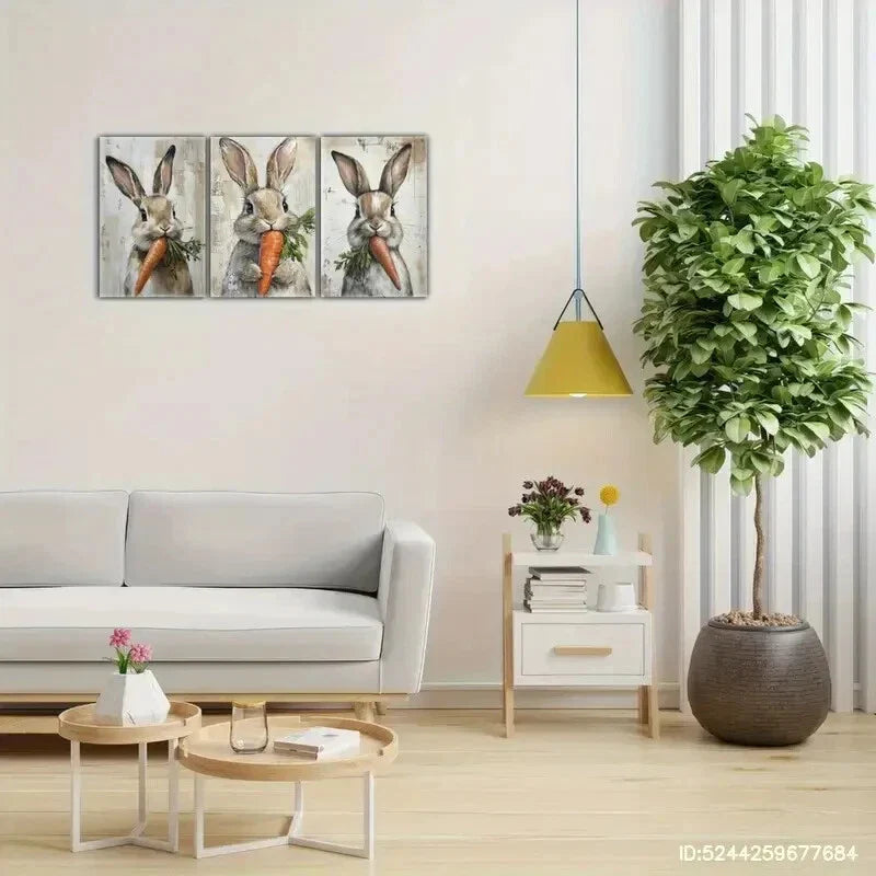 3pcs Cute Bunny and Carrot Whimsical Farmhouse Metal Print Ready to Hang Art