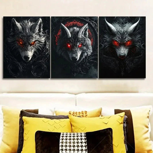 3pcs Fierce Red-Eyed Wolf Wall Art Set Canvas Framed 40x60cm - High Quality Print 100% Australian Made Wall Canvas Ready to Hang