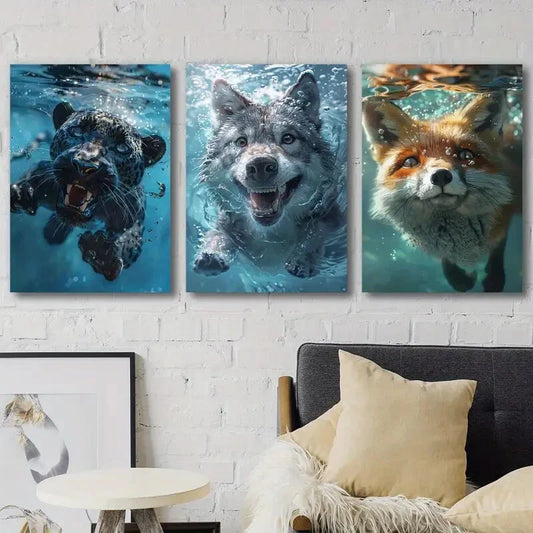 3pcs A Black Panther Wolf And Fox Swimming Metal Print Ready to Hang Art