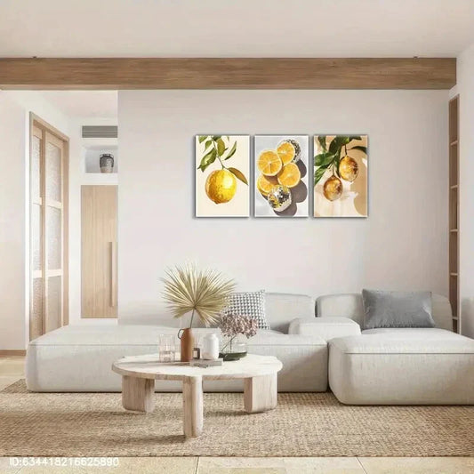 3pcs Golden Lemon & Orange Slices Disco Light Ball Metal Print Ready to Hang Art