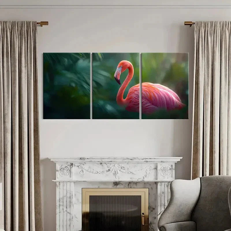 3pcs Flamingo Illustration Tropical Jungle Scene Metal Print Ready to Hang Art