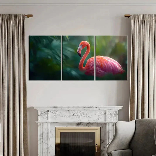 3pcs Flamingo Illustration Tropical Jungle Scene Metal Print Ready to Hang Art