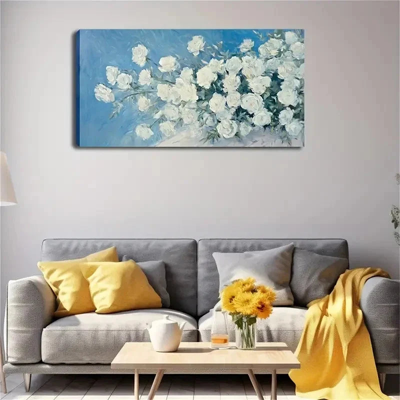 Elegant White Flowers Abstract Wall Art Canvas Office Home Room Framed 120x60cm