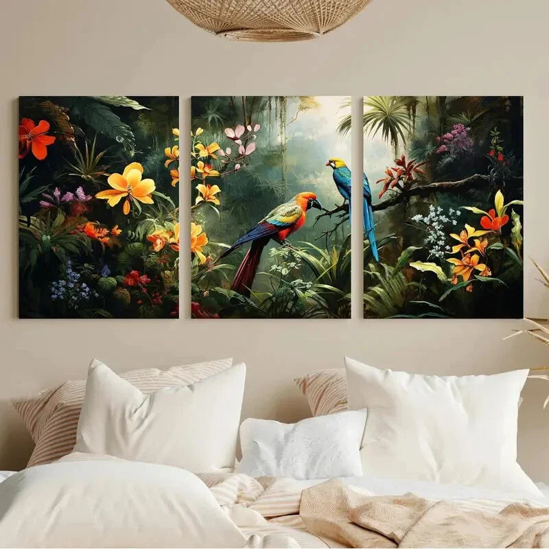 3pcs Vibrant Flowers & Parrot Tropical Jungle Metal Print Ready to Hang Art