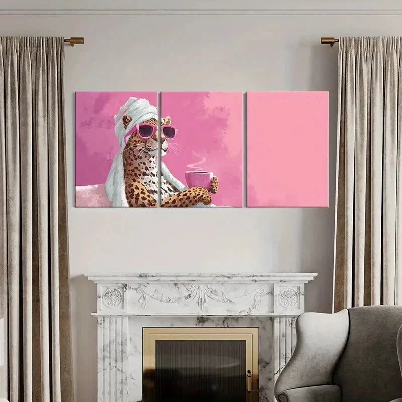 3pcs Leopard with Fashion Glasses Drinking Coffee Metal Print Ready to Hang Art