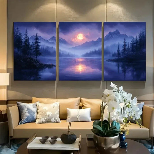3pcs Purple Blue Nature and Moonlit Scenery Metal Print Ready to Hang Art