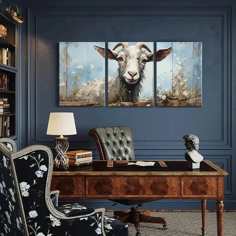 3pcs Artistic Goat, Curved Horn, White Flower Metal Print Ready to Hang Art