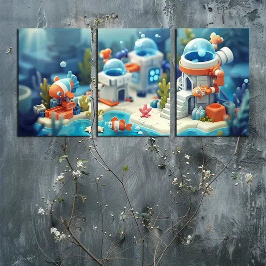 3pcs The City Floats in Clear Seawater Canvas Framed 40x60cm - High Quality Print 100% Australian Made Wall Canvas Ready to Hang