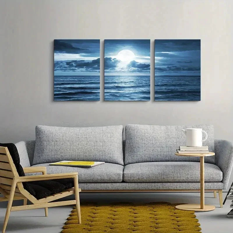 3pcs Modern Blue Sea View with Full Moon Metal Print Ready to Hang Art