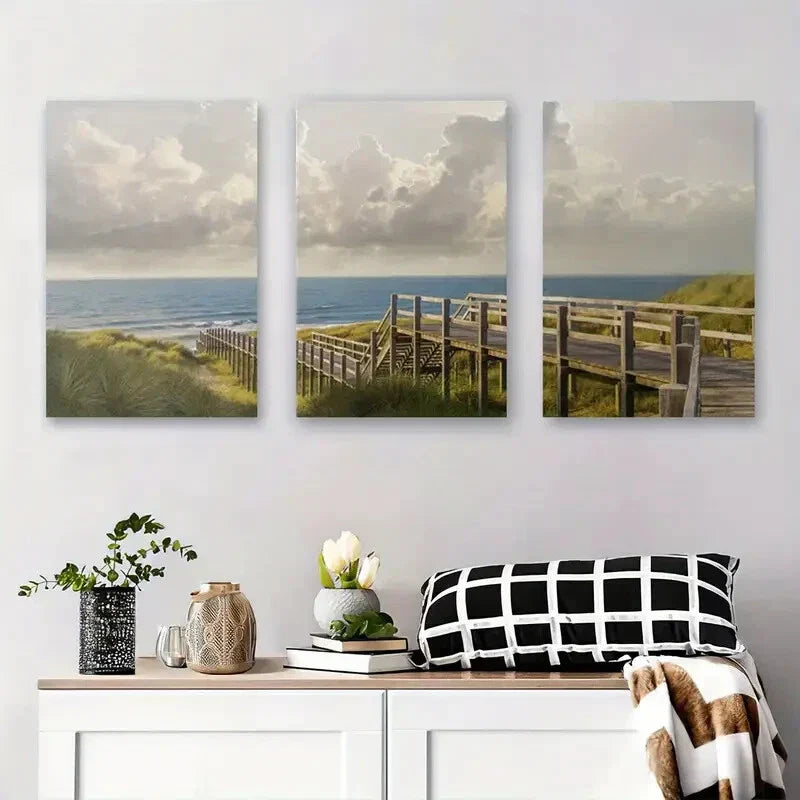 3pcs Beach Boardwalk with Ocean Metal Print Ready to Hang Art