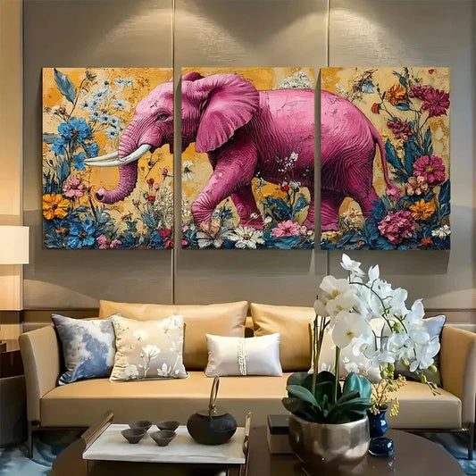 3pcs Vibrant Pink Elephant & Floral Metal Print Ready to Hang Art