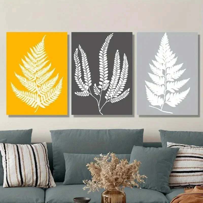 3pcs Yellow And Grey Leaves Print, Tropical Metal Print Ready to Hang Art