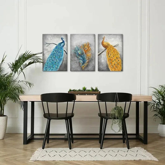 3pcs Blue and Golden Pea Rooster Metal Print Ready to Hang Art