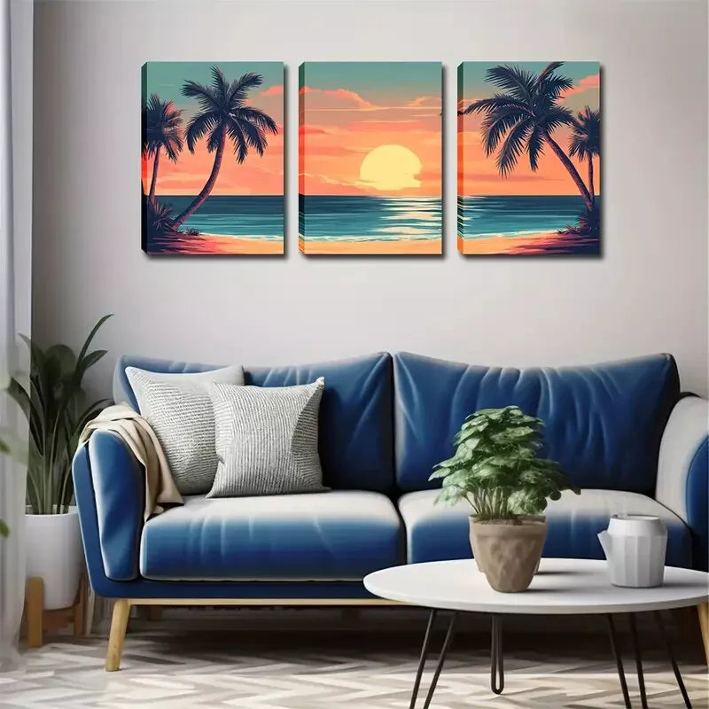 3pcs Palm Tree & Beach Scene Wall Art Set Canvas Framed 40x60cm - High Quality Print 100% Australian Made Wall Canvas Ready to Hang