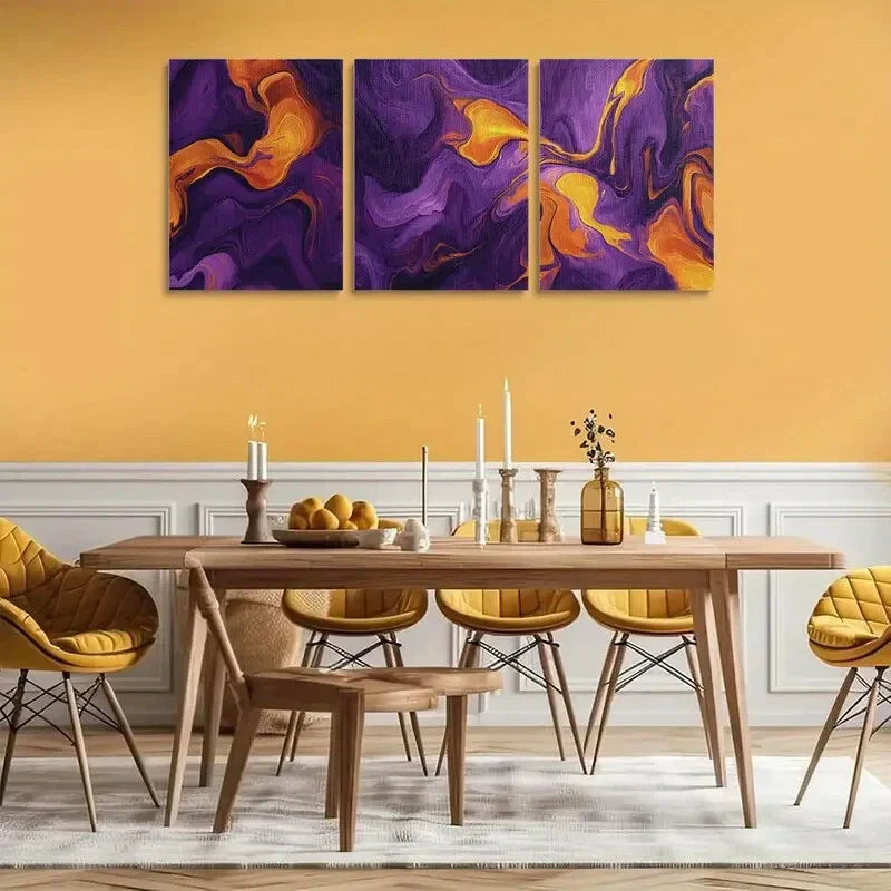 3pcs Abstract Purple & Orange Marble Metal Print Ready to Hang Art