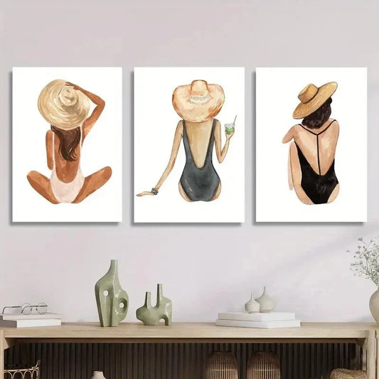 3pcs boho girl, gouache, beach girl Metal Print Ready to Hang Art