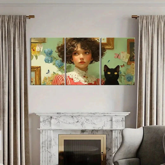 3pcs Vintage Floral Girl Portrait with Black Cat Metal Print Ready to Hang Art
