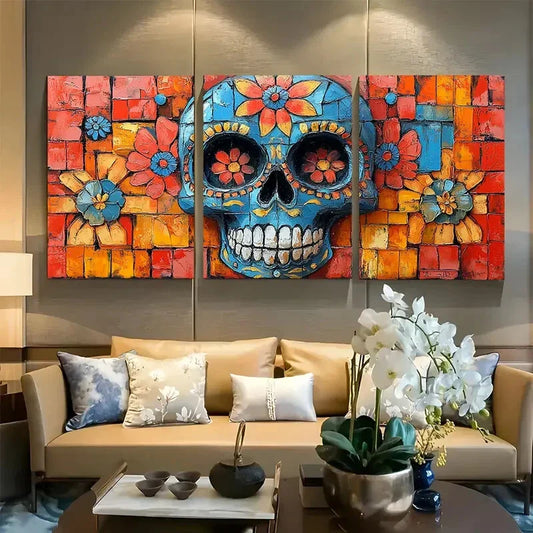 3pcs Vibrant Sugar Skull with Colorful Floral Metal Print Ready to Hang Art