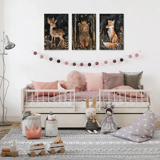 3pcs Royal Deer, Crowned Bear, Majestic Fox, Metal Print Ready to Hang Art