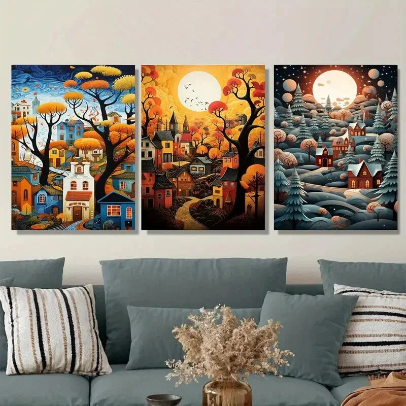 3pcs Autumn Landscape Triptych Colors Metal Print Ready to Hang Art