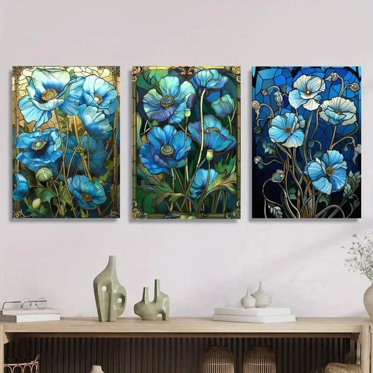 3pcs Featuring Floral Designs, Stained Glass Metal Print Ready to Hang Art