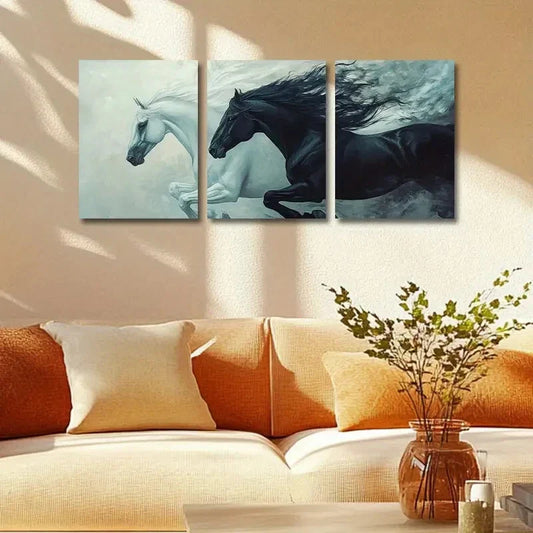 3pcs Two Black and White Horses Running Metal Print Ready to Hang Art